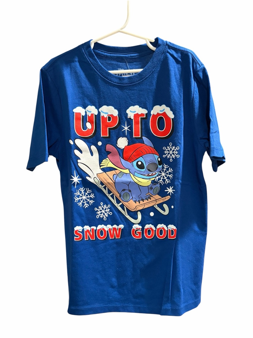 Disney Stitch Up to Snow Good Christmas Holiday T-Shirt Blue Kids Size 8